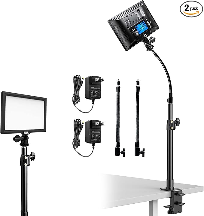 2 Packs LED Video Key Light,Streaming Light Dimmable Bi-Color 3200-5600k Video Conference Lighting with Gooseneck Tubes Desk Panel Lights for Podcast/Streaming/Gaming/Zoom Call/Broadcast/YouTube