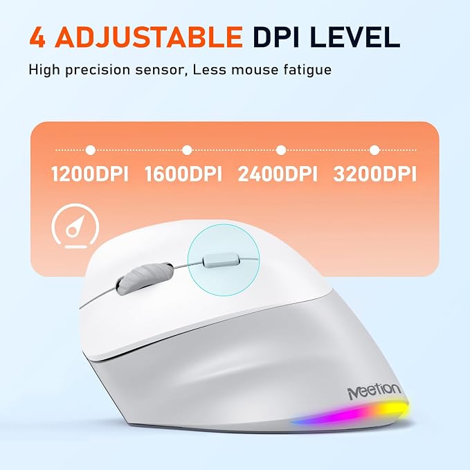 MEETION Left-Handed Ergonomic Wireless Vertical Mouse with RGB, Bluetooth (5.2 + 3.0) & 2.4G USB, 4 Adjustable DPI for Mac/Windows/PC/Tablet/iPad, Gray