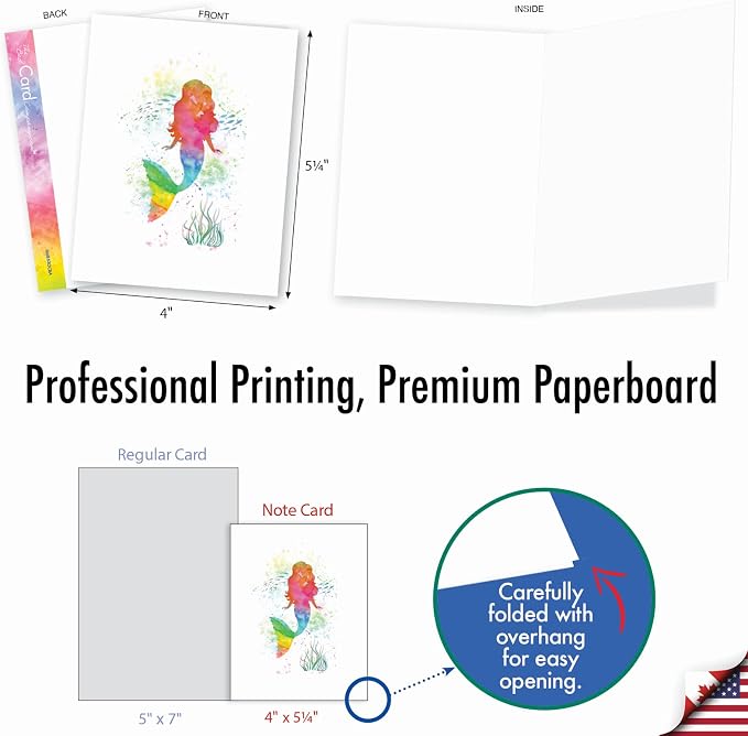 The Best Card Company Assorted Watercolor Blank Greeting Card Box Set - Incl. 10 Notecards + Envelopes, 10 Unique Designs for Thank You, Invitations, More - Funky Rainbow Mermaids AM6863OCB-B1x10