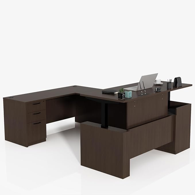 100.4'' U Shaped Executive Standing Desk with Pre-Assembled Frame & Lockable Cabinets, Height Adjustable Desk Dual-Motor Sit-Stand Workstation for Corporate & Home Office (Espresso-U)