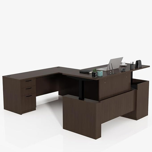 100.4'' U Shaped Executive Standing Desk with Pre-Assembled Frame & Lockable Cabinets, Height Adjustable Desk Dual-Motor Sit-Stand Workstation for Corporate & Home Office (Espresso-U)