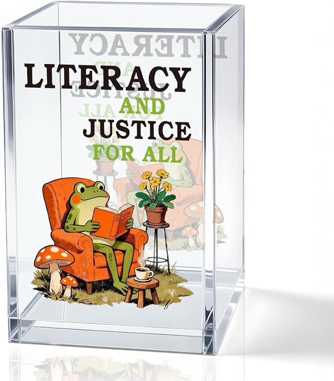 Literacy and Justice For All Acrylic Pencil Pen Holder Cup, Cute Bookish Makeup Brush Storage Organizer, Reading Book Club Desk Accessories Holder Gifts for Daughter Librarian Teacher Holders