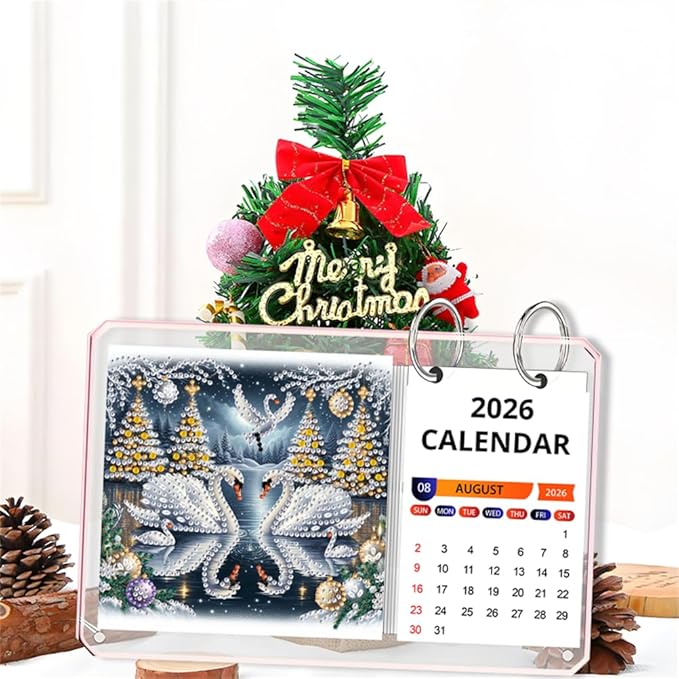 2026 Standing Desk Calendar DIY Diamond Art Painting Monthly Flip Desktop Calendar Mosaic Kits Acrylic Tabletop Calendars Diamond Art Craft Supplies Planner for Office Home Decor-Swan