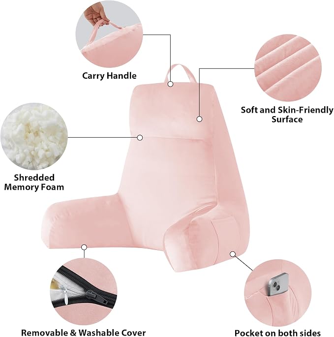 IPYNBAP Back Pillow for Bed Sitting up, Reading Pillow for Sitting in Bed Adult, Back Support Pillow, Memory Foam Sit up Lounge Backrest Pillow with Arms for TV, Couch, Chair, Dorm, 24 Inch, Pink