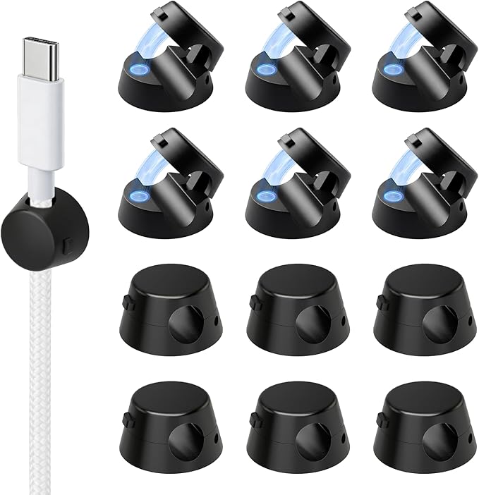 Mini Magnetic Cable Clips, 12 Pack Self Adhesive Cord Holder Black | Under Desk Cable Management, Strong Adhesive Removable Cord Organizer for Home Nightstand Car, Office Accessories