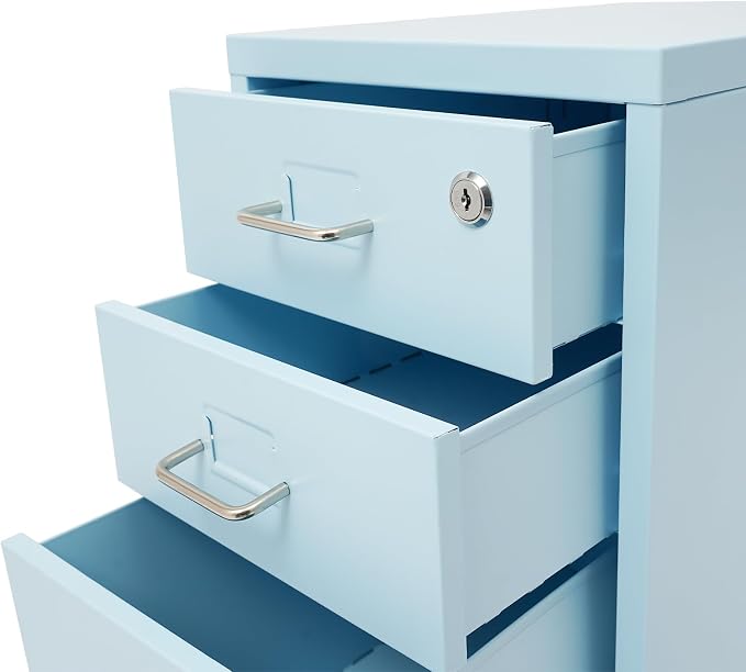 3 Drawer File Cabinet with Lock, Freestanding Filing Metal Drawers Organizer Vertical Metal Rolling Organizer Movable Under Desk Cabinet with Wheels for Home Office Living Room Study (3 Tiers Blue)
