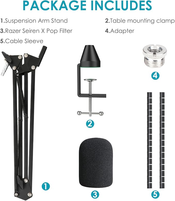 Microphone Stand for Razer Seiren X Adjustable Suspension Boom Scissor Arm Stand with 3/8"to 5/8" Screw Adapter Windscreen Pop Filter Cable Sleeve, Professional mic stand by YOUSHARES