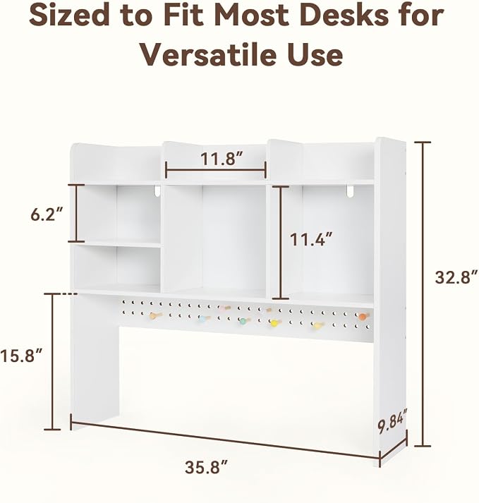 OOOK 35.8" L White Desk Hutch with Pegboard, Dorm Desk Organizer | Multipurpose Desktop Bookshelf for Dorm Office Home, 3-Tier Wooden Display Rack for Computer Desk
