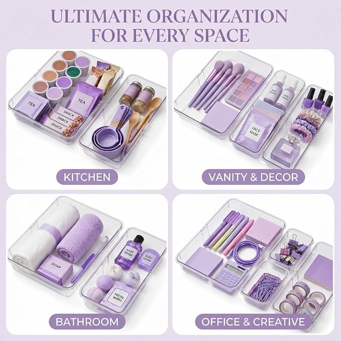 16 Pcs Extendable Clear Drawer Organizer|2-Size Expandable Drawer Dividers | Expanding Plastic Storage Boxes, Arcrylic Storage Bins for Vanity Makeup Drawer Dresser Kitchen Utensils DIY Desk Office