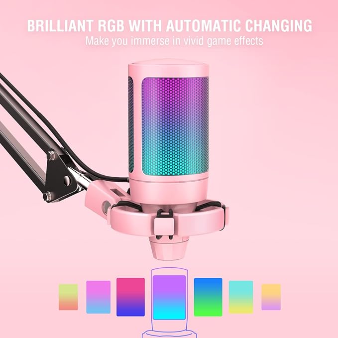 FIFINE Gaming USB Microphone Kit, PC Streaming Recording Computer RGB Microphone Set for Podcasting, Singing, YouTube, Condenser Cardioid Mic with Quick Mute, Gain Knob-A6T Pink