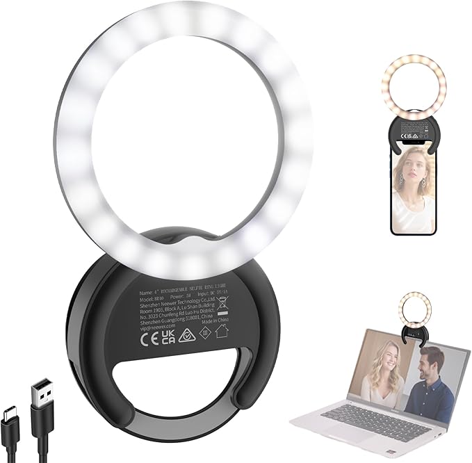 NEEWER Entry Level Version 4" Phone Selfie Ring Light Compatible with iPhone, 5W Bi Color Rechargeable Clip Lighting with 500mAh/CRI85 for Video Recording Makeup Laptop Webcam Video Conference, BR40