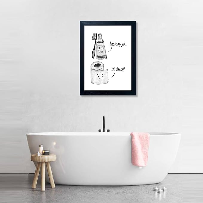 Kids Bathroom Decor Cute Children's Bathroom Wall Art Funny Canvas Print Framed Modern Black and White Picture Artwork for Guest Restroom