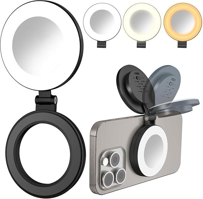 Magnetic Selfie Light for Laptop, iPhone, iPad, Built-in Mirror, Portable Phone Ring Light with 3 CCT & 10 Levels of Brightness, Selfie Ring Fill Light for Streaming, Vlogging, Podcasting