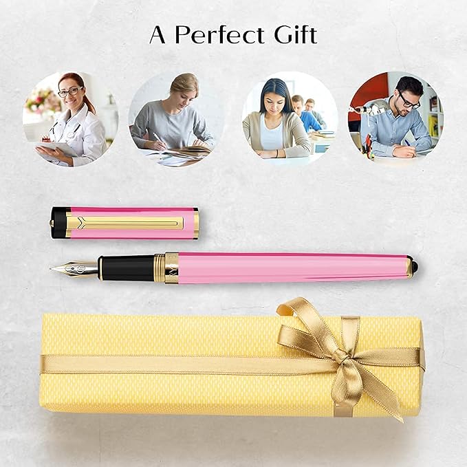 Dryden Designs Fountain Pen Medium Nib Gift Pouch - with 24 Ink Cartridges - MCM (Luscious Pink)