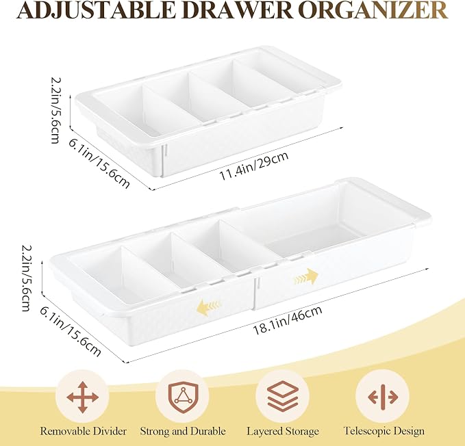 5 Pcs Expandable Drawer Organizer Bins Adjustable Deep Drawer Hanging Organizer Tray Expandable 11.4 to 18.1 Inches Plastic Dividers Storage for Office Bathroom Bedroom Kitchen Desk, White