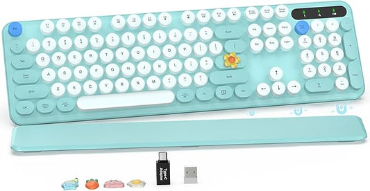 Wireless Keyboard, Round Keycaps, Retro Typewriter Keyboard with Detachable Wrist Rest, Sleep Mode, Foldable Legs, 2.4GHz Full-Size Cordless Computer Keyboard for Windows/PC/Laptop (Tiffany Blue)
