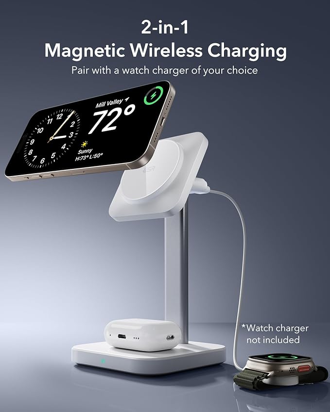 ESR 2 in 1 Charging Station for Apple, MagSafe Charger Stand for iPhone [Certified], Magsafe Charging Station for Multiple Devices iPhone 17e/17/16/15/14/13/12, Apple Watch, & AirPods, White