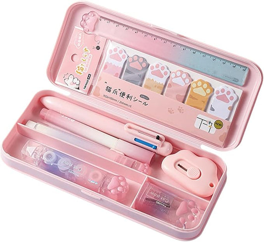 MOZXIRZ 9 Pcs Cute Pink Stationery Set Cat Paw School Supplies Kawaii Office Supplies Including Pens Pencil Sharpener Highlighter Eraser Correction Tape Ruler Utility Knife (Cat Paw-Pink)