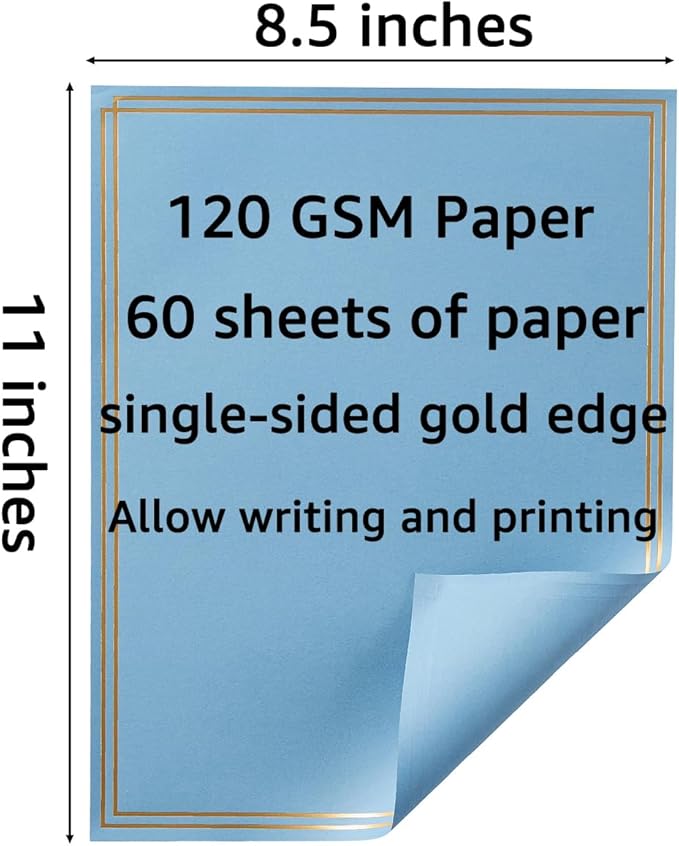 60 Pack Stationery Set Paper with Gold Border, 8.5x11 Inch Paper Sheets for Writing Letters, Letter Size Writing Paper (Dusty-Blue, 8.5x11 inches)