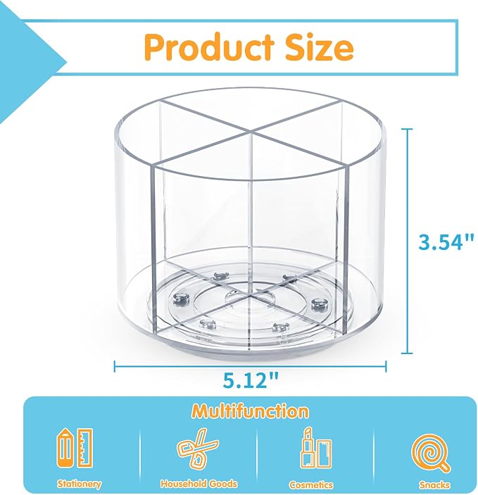 Mefirt Acrylic Pen Holder, 360 Degree Marker Organizer for Desk, Rotating Desk Storage With 4 Compartments, Art Supply Crayon Holder for Office School Home, Clear