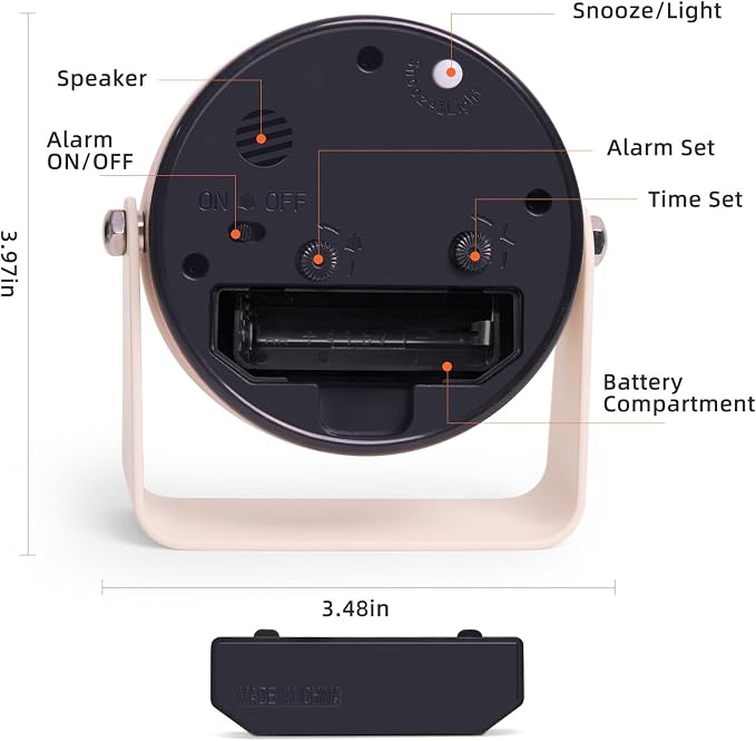 TIMESS Analog Alarm Clock with Snooze & Light, Silent Non-Ticking, Yellow | On-demand light, quartz movement, battery operated, easy to set, gentle wake alarm, bedside clock for home, travel, or office