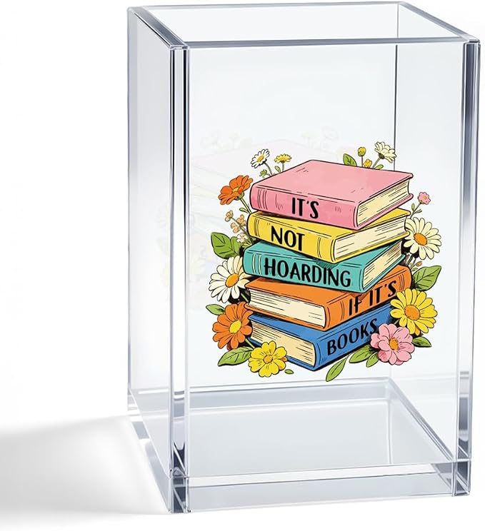 It's Not Hoarding If It's Books Acrylic Organizer Pencil Pen Holder, Floral Book Design Desk Storage Organizer, Bookworm Gifts for Book Lover Reader Bibliophile Librarian Book Club Member