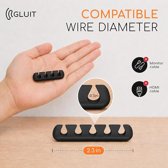 Cord Organizer for Desk, Nightstand Cable Holder, 5 Pack, Multislot, Black | GLUIT Adhesive Charger Organizer, Cable Management for Desk Car Office Home College Dorm Room Cable Clips for Cords