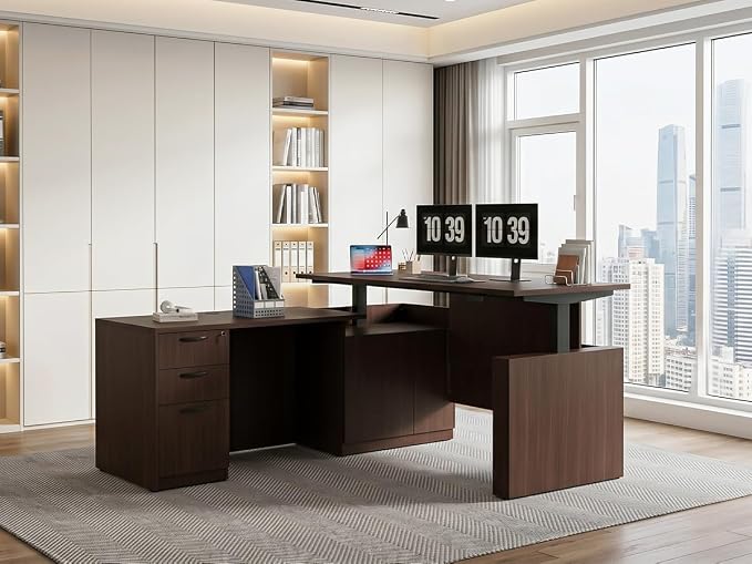 66.93'' L Shaped Executive Standing Desk with Pre-Assembled Frame & Lockable Cabinets, Height Adjustable Desk Dual-Motor Sit-Stand Workstation for Corporate & Home Office (Espresso)