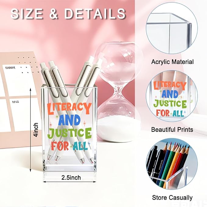 Literacy and Justice For All Acrylic Pencil Pen Holder Cup, Reading Book Club Makeup Brush Storage Organizer, Cute Bookish Desk Accessories Holder Gifts for Daughter Librarian Teacher Holders