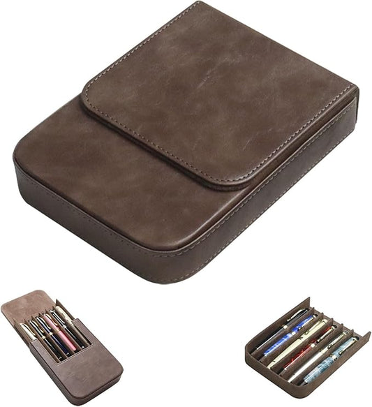 Leather 6 Fountain Pen/Pencil Tray Case, Handmade, Magnetic Closure with Drawer Design, Gift Choice for Man/Woman/Office, 6 Slots（gray）