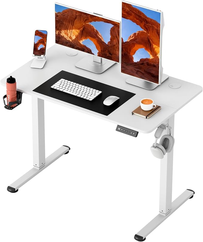 Furmax Electric Standing Desk, 40 x 24 Inches Height Adjustable Sit Stand up Desk, Memory Preset Computer Home Office Desks with Sturdy Metal Frame, Phone Stand Cable Management Hole (White, 40'')