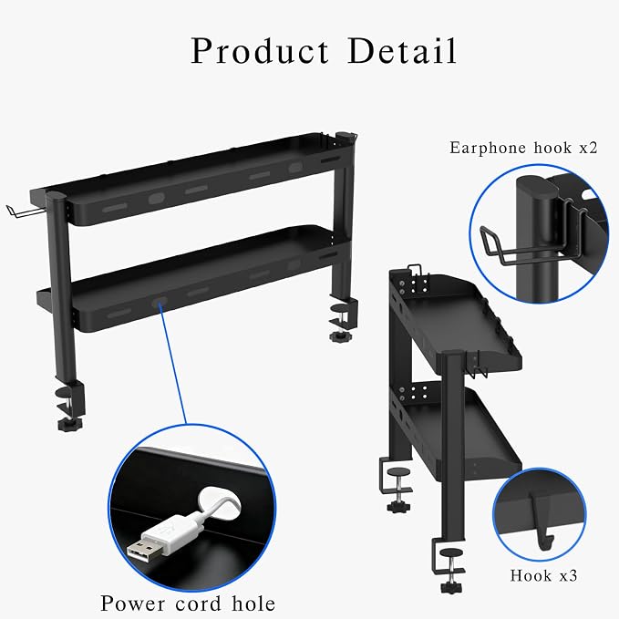 Clamp on Desk Shelf, 24in 2-Tier Office Desk Shelves Organizer, Shelf for Top of Desk with Headphone Holder and Hooks, Desktop Storage Rack for Home Workspace, Study Rooms, Gaming Accessories