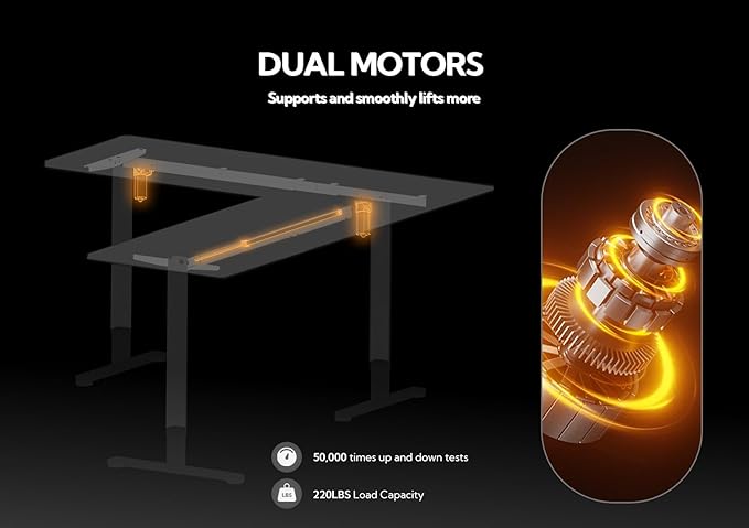 Claiks L Shaped Standing Desk Dual Motor 63x55in Adjustable Height Natural | Height 28.5-47.2 inch, 220lbs capacity, sturdy steel frame, splice board included, ideal for home office corner