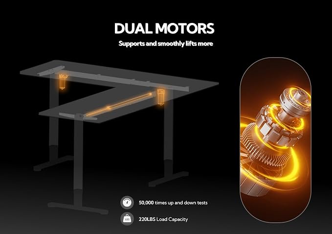 Claiks L Shaped Standing Desk Dual Motor 63x55 Inch Bamboo | Height Adjustable 28.5 to 47.2 Inches, 220lbs Capacity, Sturdy Steel Frame, Splice Board Included