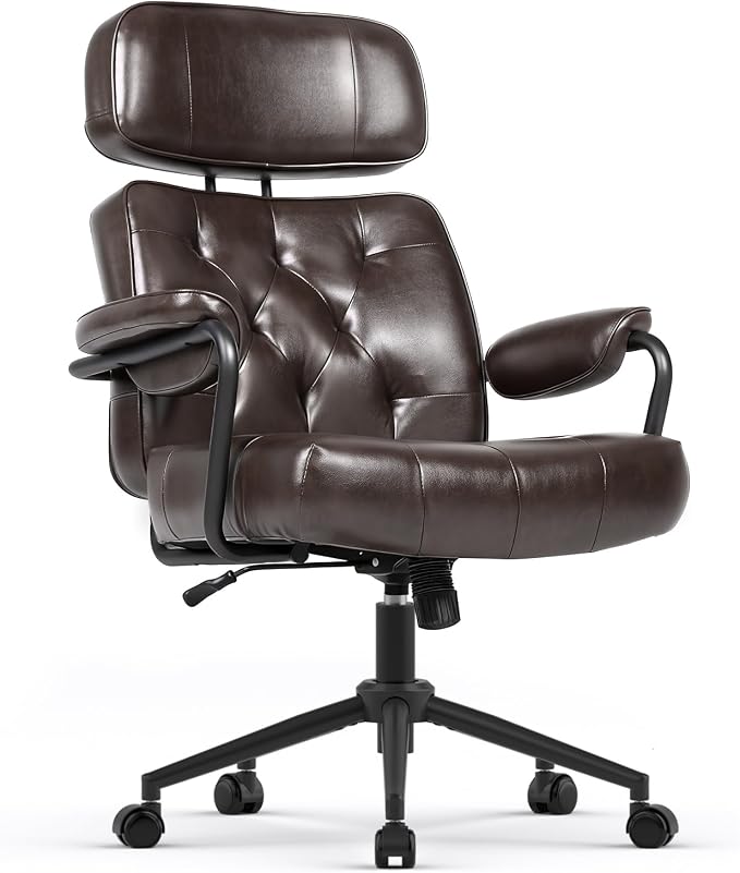 Mid Century Modern Home Office Desk Chair, Ergonomic Office Chair Big and Tall, High Back Executive Office Chair Leather Extra Wide, Computer Chair Comfy, Adjustable Height Rolling Chair,Chocolate 2PC