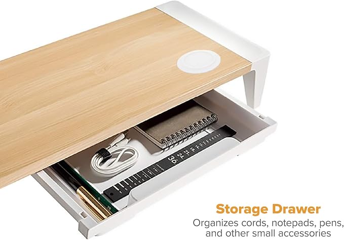 Bostitch Office Wooden Monitor Stand with Wireless Charging Pad, Drawer for Storage, Adjustable Height Riser Includes Removable Non-Skid Rubber Feet - Wood Grain and White (STND-2408WH)