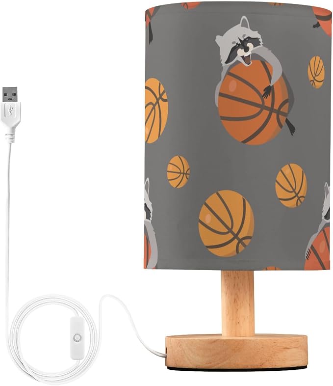 Table Lamp Raccoon Basketball Pattern On Grey Nightstand Lamp with Wood Base Fabric Lamp Shade Bedside Desk Lamp for Living Room Bedroom Kids Room Office