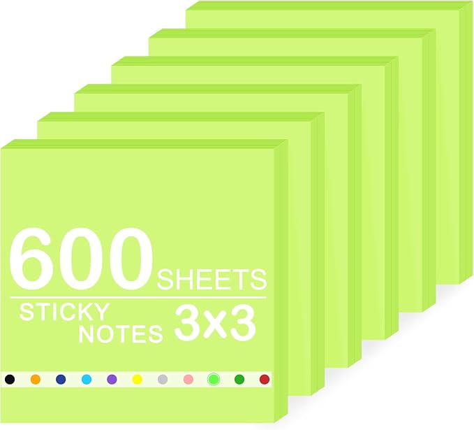 Super Sticky Notes,6 Pads Self-Stick Note Pads 3 x 3 in,600 Sheets Total Sticky Notepad Bulk Post,Office Supplies,School Supplies,Christmas Decor (Bright Green, 6 Pads Sticky Notes 3x3)