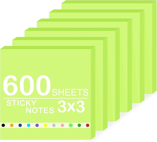 Super Sticky Notes,6 Pads Self-Stick Note Pads 3 x 3 in,600 Sheets Total Sticky Notepad Bulk Post,Office Supplies,School Supplies,Christmas Decor (Bright Green, 6 Pads Sticky Notes 3x3)
