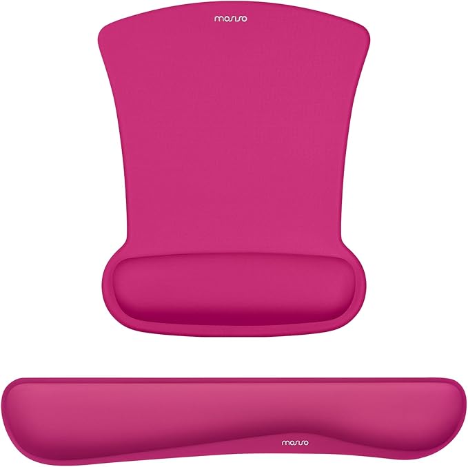 MOSISO Wrist Rest Support for Mouse Pad & Keyboard Set, Ergonomic Mousepad Non-Slip Base Home/Office Pain Relief & Easy Typing Cushion with Neoprene Cloth & Raised Memory Foam, Rose Red