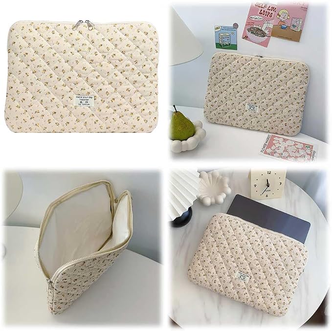 Cute Laptop Sleeve 13-15 inch Laptop Case Aesthetic Quilted Laptop Sleeve Computer Bag with Flower Printing for MacBook (Yellow, 13inch)