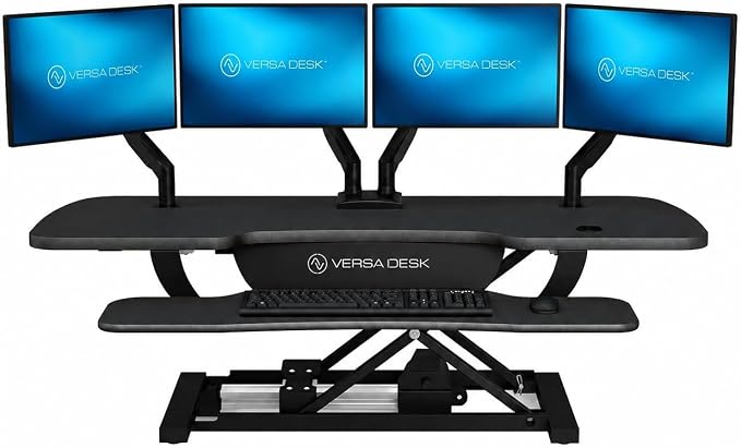 VERSADESK PowerPro 48 Inch Electric Standing Desk Converter – Push-Button Height Adjustable Sit to Stand Desk Riser for Multiple Monitors – Motorized Desktop Workstation with Wide Keyboard Tray, Black