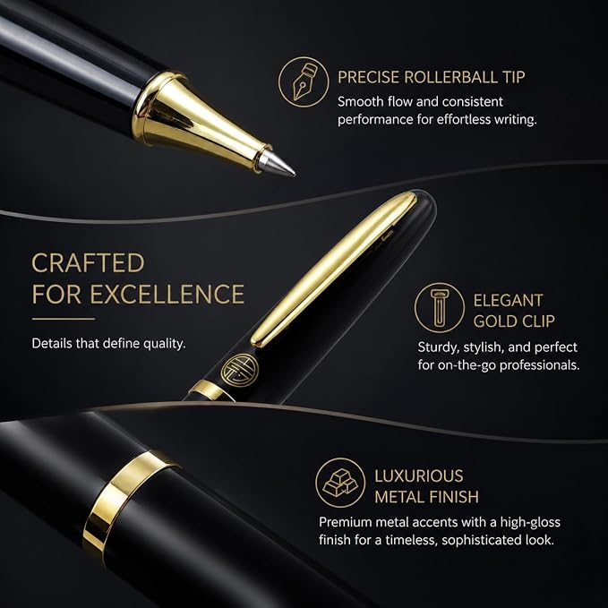 Luxury Gold Rollerball Pen, 24K gold-plated exquisite pen body, stylish and simple design, two ink refills, gift set for men and women, executive writing, office, graduation gift (Black)