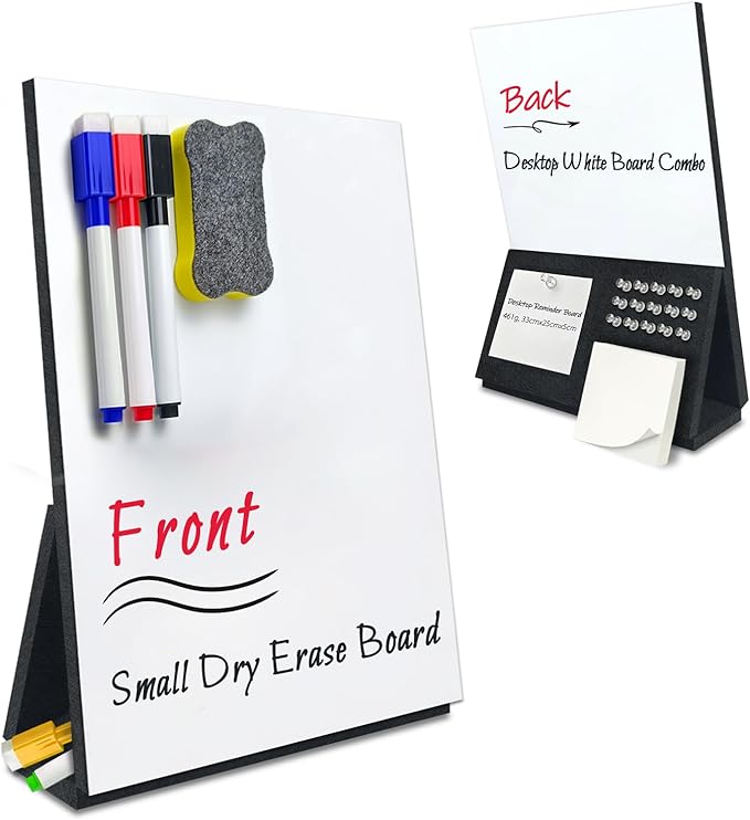 BXI Felt Small Desktop Whiteboard Combo- 8 x 9.5 Inches Double-Sided Magnetic Dry Erase Board, Portable Reusable Desk Notepad with Stand, Versatile Writing Sticky Note Board for Office Home School