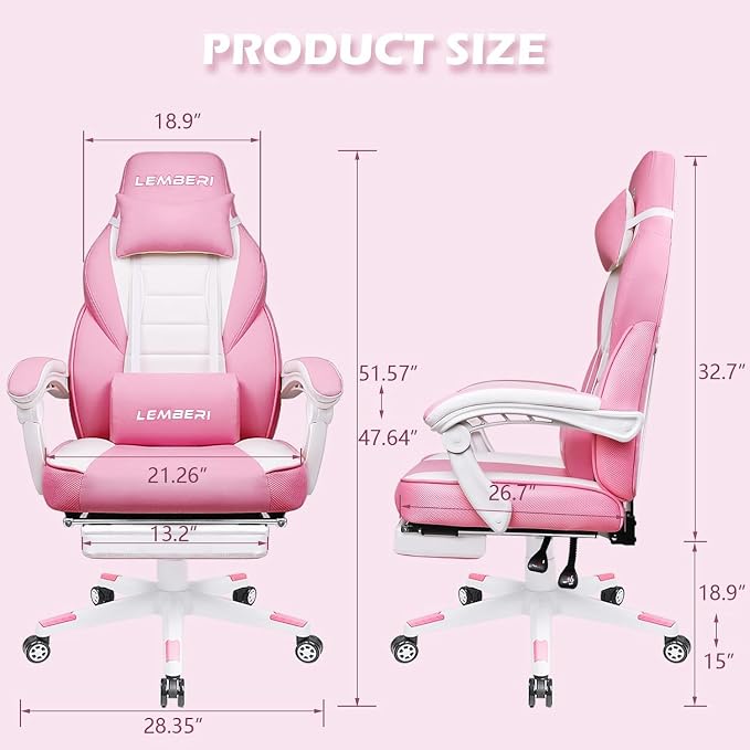 LEMBERI Big and Tall Gaming Chair 400lb Capacity, Heavy-Duty Office Chair with Reinforced Footrest, Wide Seat High Back PC Desk Chair with Linkage Armrests, Thickened Steel Frame, PU Leather, Pink