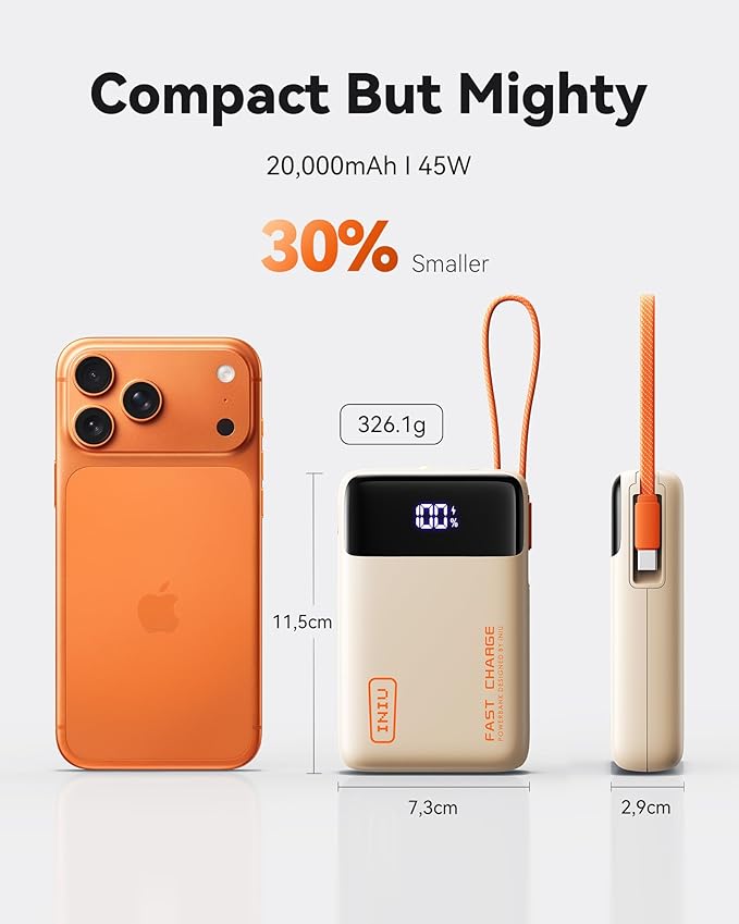 INIU 20000mAh Power Bank, Small 45W PD Fast Charging Portable Charger with Built-in USB C Cable, Flight-Safe Travel External Phone Battery Pack for Women, Girls, Daily Commute, Gift, Beige