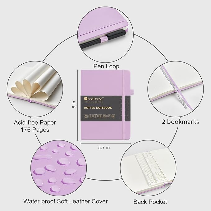 &And Per Se Dotted Notebook, A5 Hardcover with Journal Dotted Pages, Journal Stencils & Pen, 176 Numbered Pages for Beginners Women Men (Purple)
