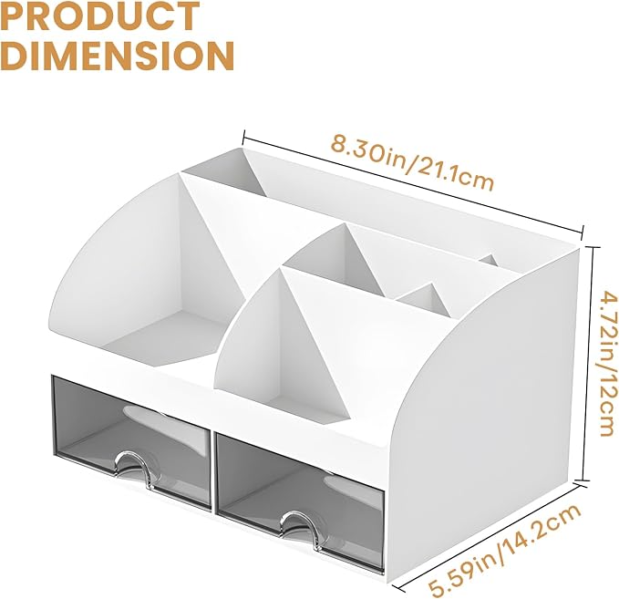 Dfacio Desk Organizer, Desktop Organizers and Accessories with 6 Compartments and 2 Drawers, Aesthetic Desk Accessories for Home, Office, School, White