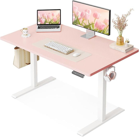 OffiGo 40" Pink Electric Standing Desk Height Adjustable for Home Office | 3 Memory Presets, Rear Cable Notch, Dual Side Hooks, Stand Up Desk for Bedroom, Study room, Home Office and Vanity Space