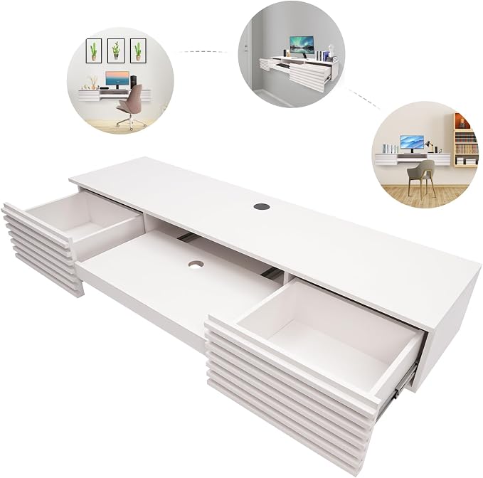 Floating Desk 60'' Wall Mounted Computer Desk with 2 Drawer & Keyboard Tray Home Office Desk Workstation, Cable Hole, Laptop PC Table for Living Room, Bedroom, Office, White